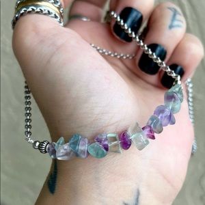 Genuine fluorite chips bar necklace stainless steel chain. Choker boho dainty